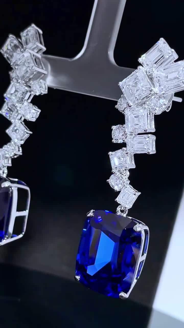 PT950 royal blue cushion lab-grown gemstone earrings