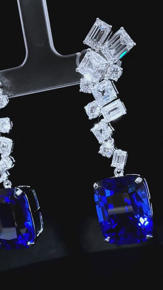 PT950 royal blue cushion earrings · lab-grown main stone 56.50ct · lab-grown diamonds 15.188ct